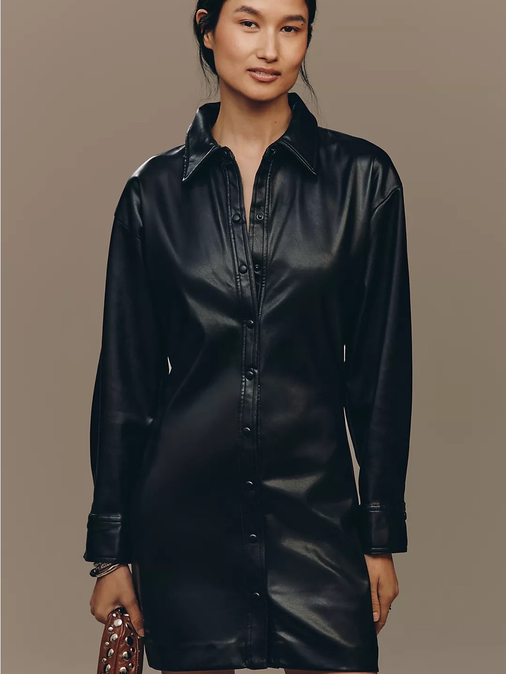 NWT Anthropologie English Factory Long-Sleeve Faux Leather Mini Shirt Dress Med.